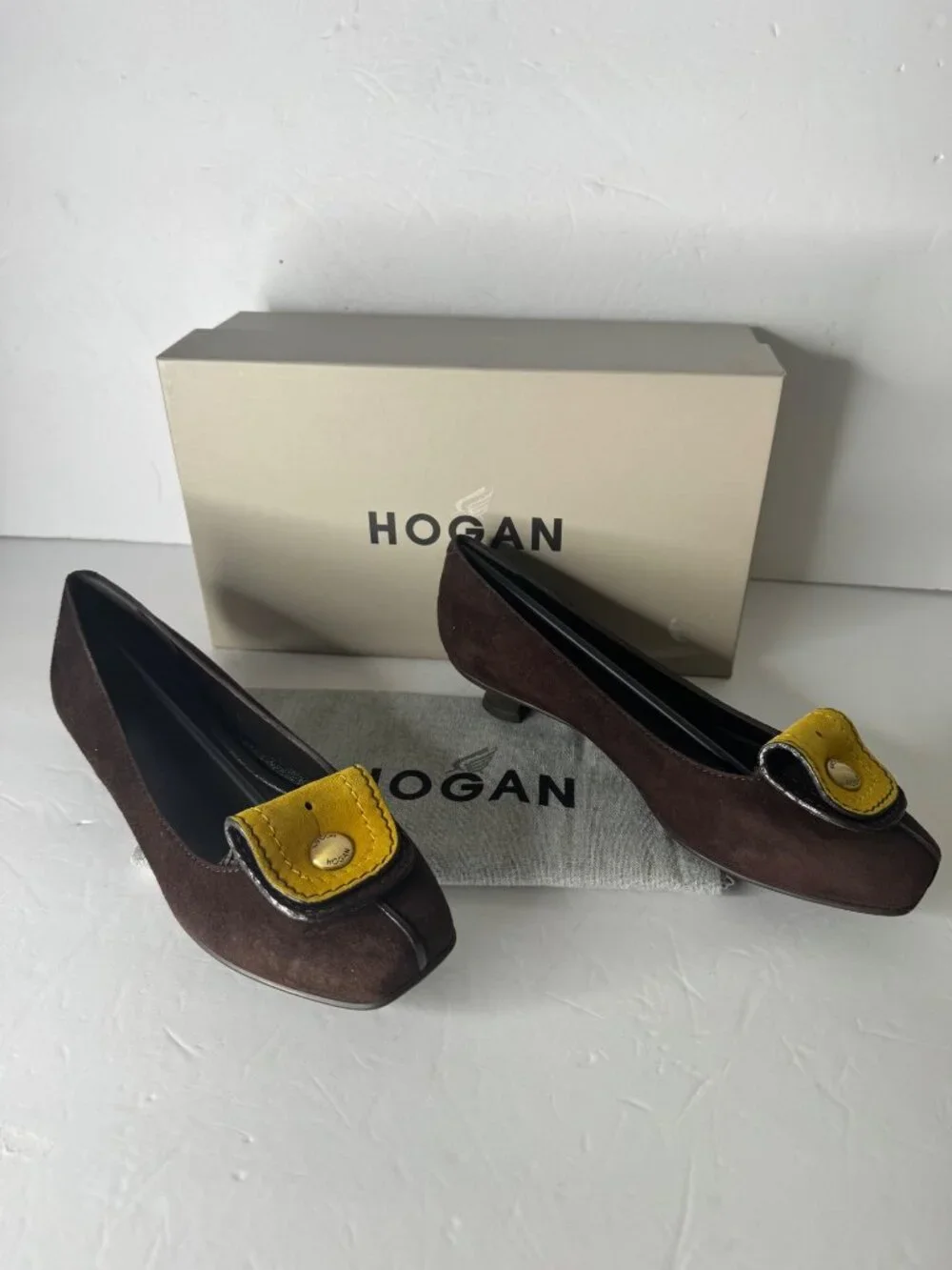 Hogan Tacco 20 Decollete Brown Suede Ballerina Pumps Yellow Accent EU 37 NIB